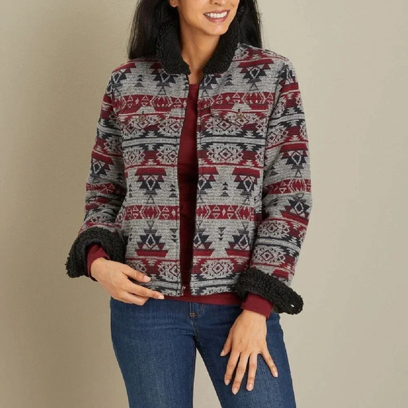 Duluth Trading Co Sherpa Trim Navajo Aztec Blanket Jacket Women Size Large Cozy - Picture 1 of 10